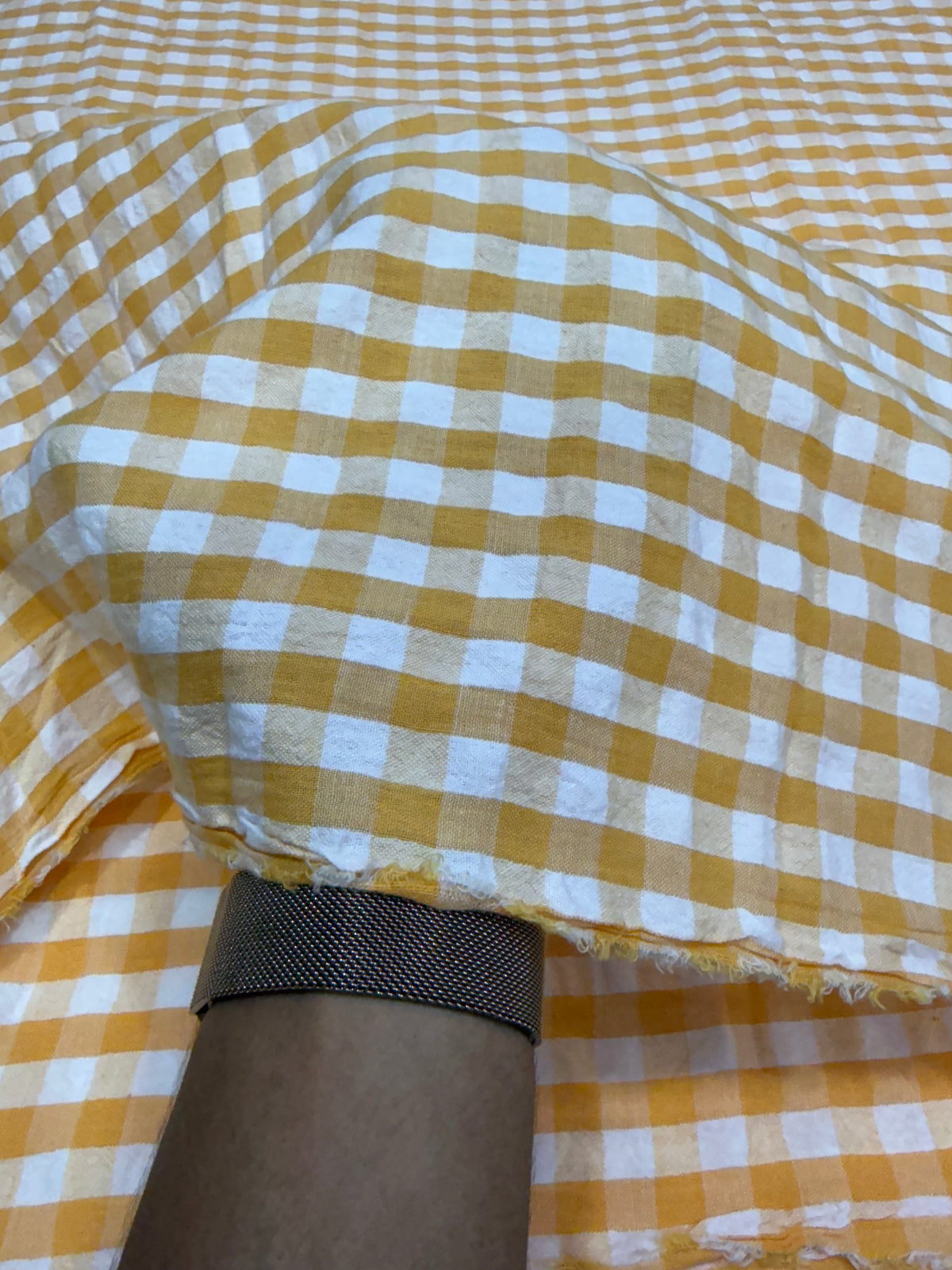 Buy Premium Cotton Seersucker Mustard Gingham Checks Fabric