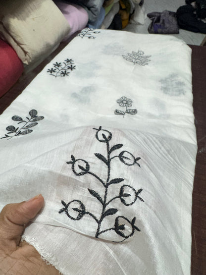 Buy White Mul Chanderi Black Embroidery Work Fabric