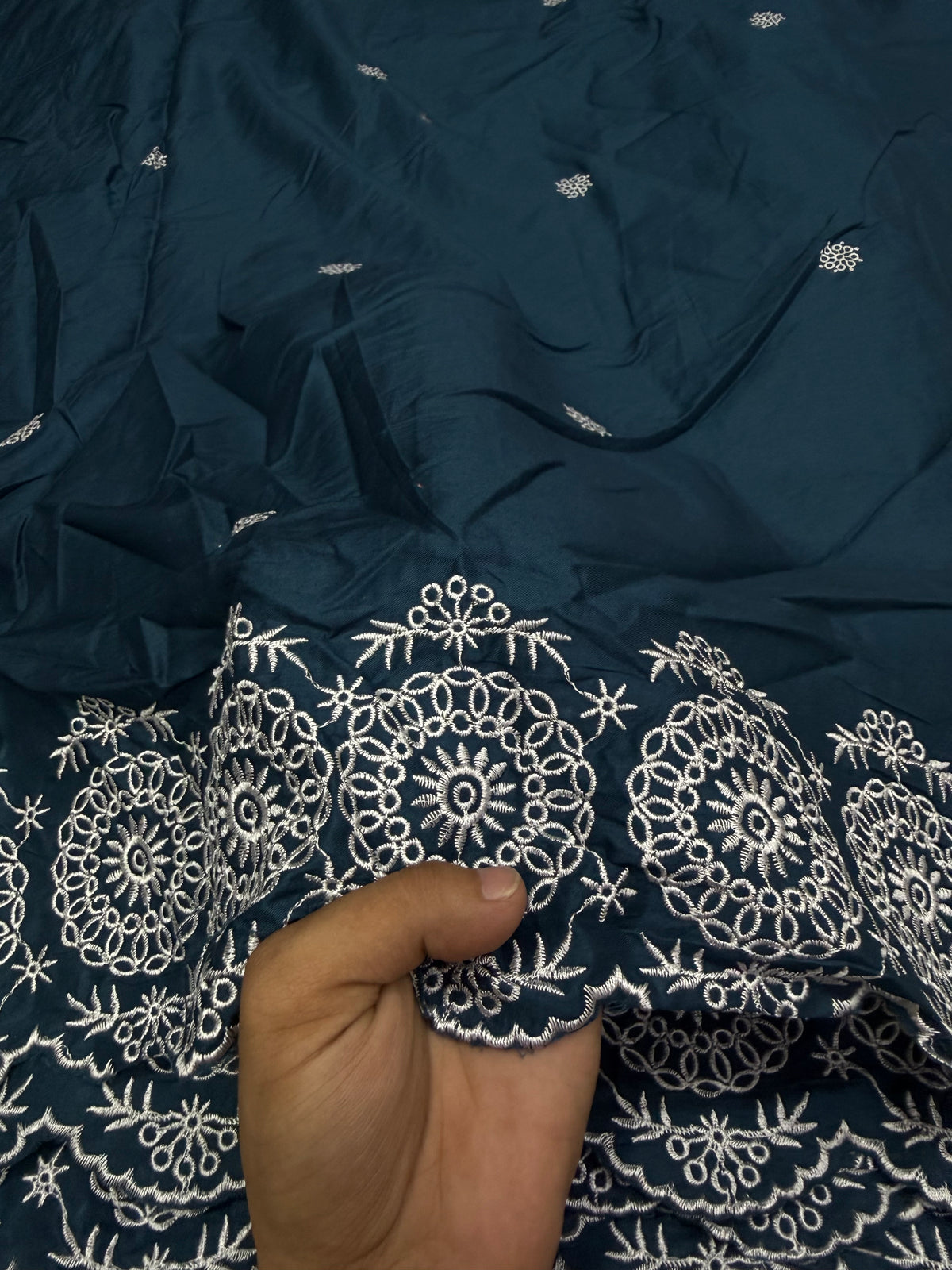 Buy Premium Cotton Hakoba Navy Blue Floral Scallop Border Fabric