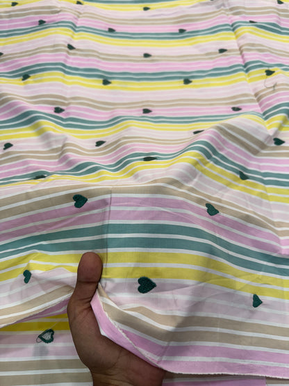 Buy Cotton Poplin Pastel Stripe Green Heart Embroidery Fabric