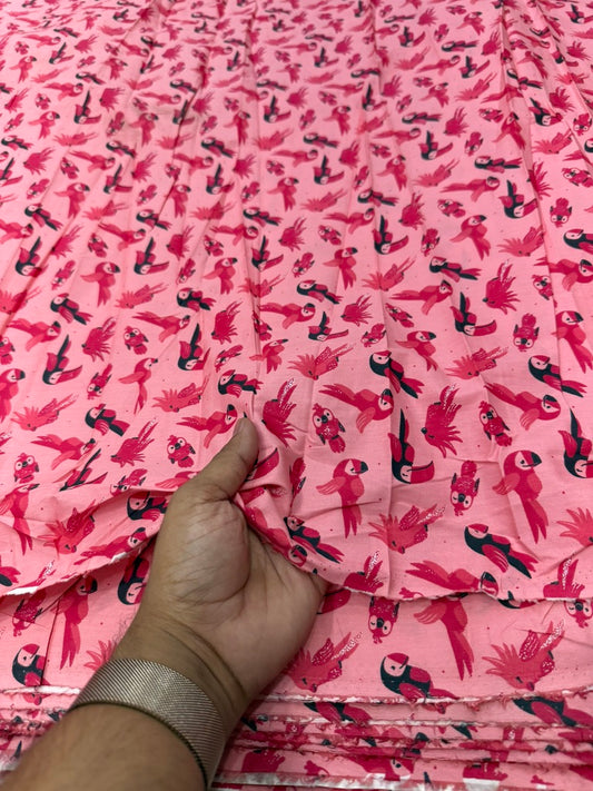 Buy Cotton Poplin Pink Base Multi Parrot Printed Fabric