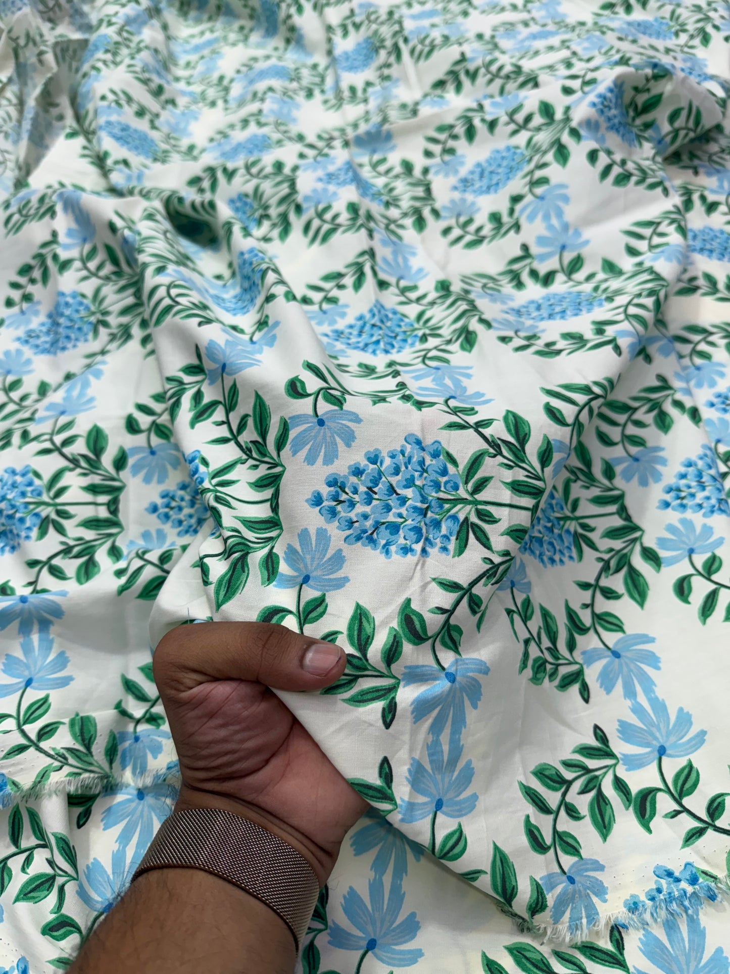 Buy Cotton Poplin Bunch Of Blue Flower Printed Fabric
