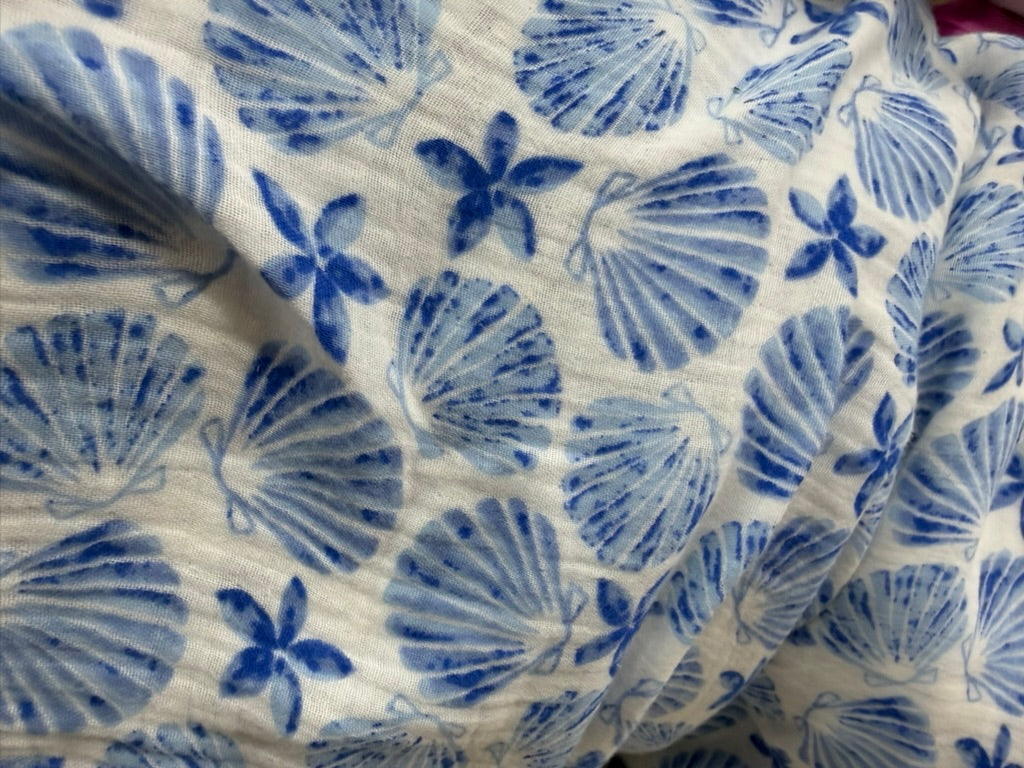 Buy Premium Cotton Double Cloth Blue Shells Print