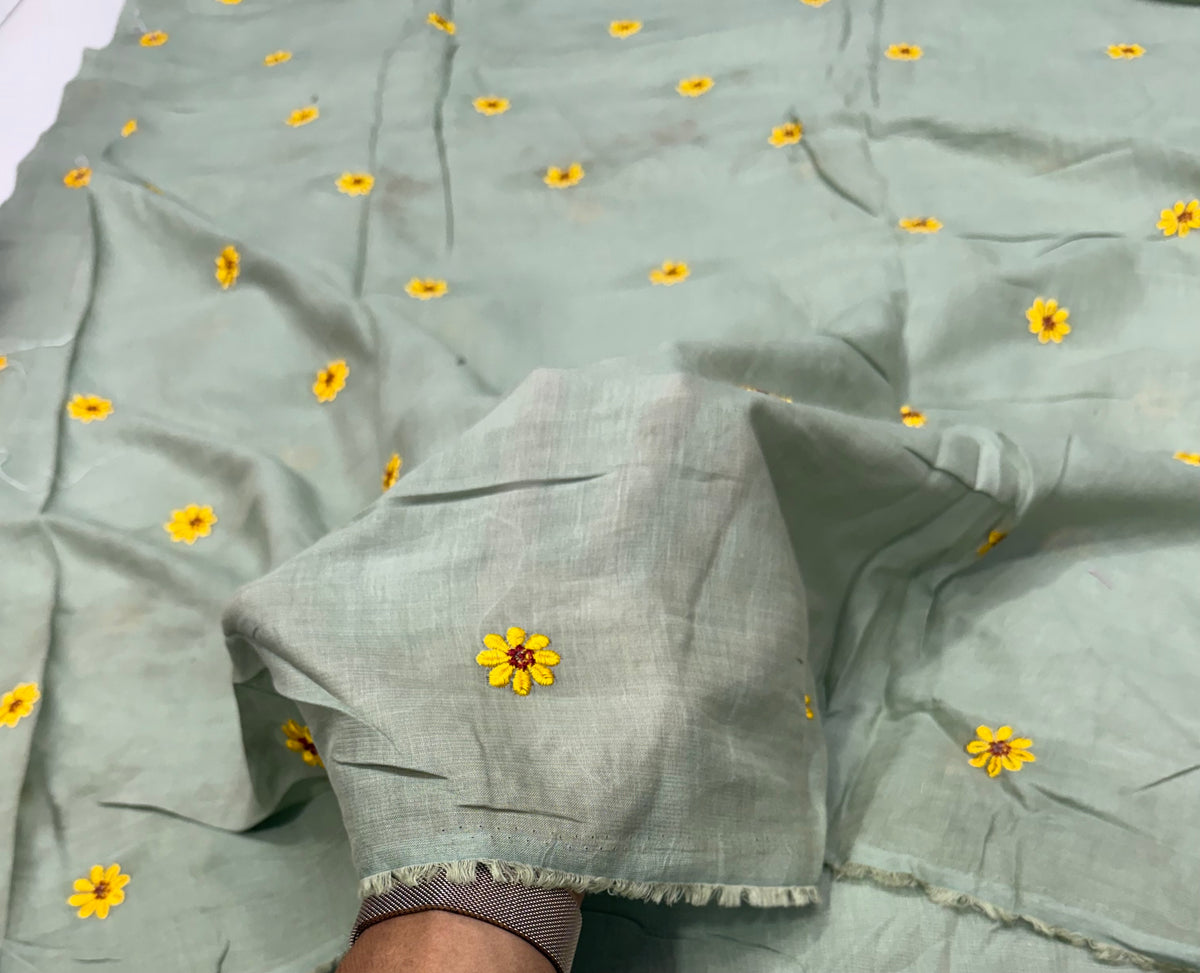 Buy Mul Cotton Viscose Sage Green Mustard Daisy Embroidery Fabric