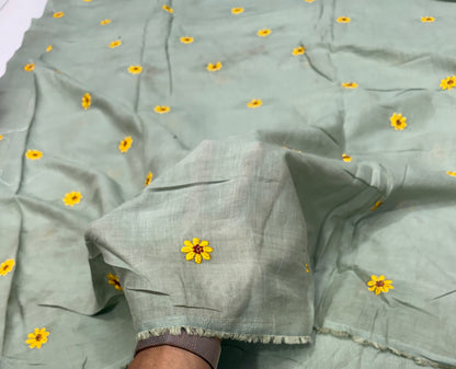 Buy Mul Cotton Viscose Sage Green Mustard Daisy Embroidery Fabric