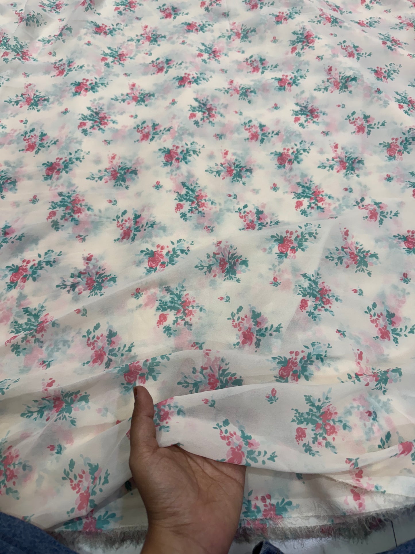 Buy Viscose Georgette Baby Pink Base Tiny Bunch Floral Printed Fabric