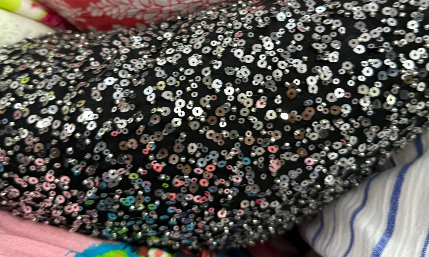 Buy Silver Sequin Black Mesh Base Fabric