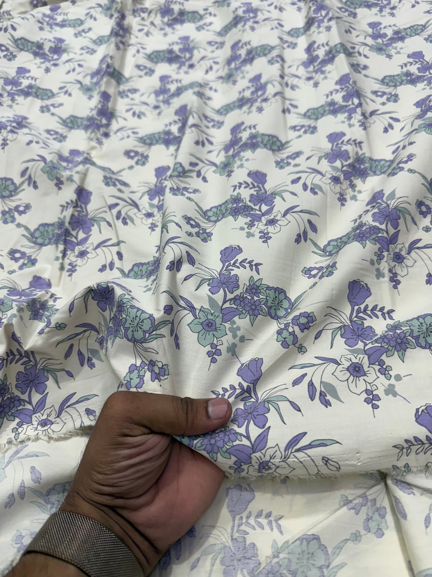 Buy Cotton Poplin Lilac Bell Flower Printed Fabric