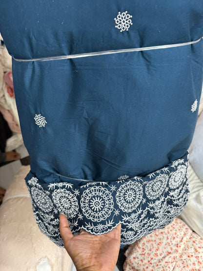 Buy Cotton Poplin Blue Base White Border Embroidery With Flower Work