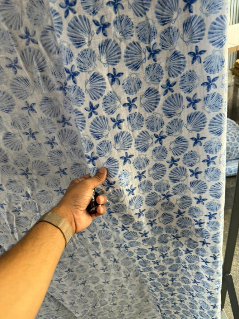 Buy Premium Cotton Double Cloth Blue Shells Print
