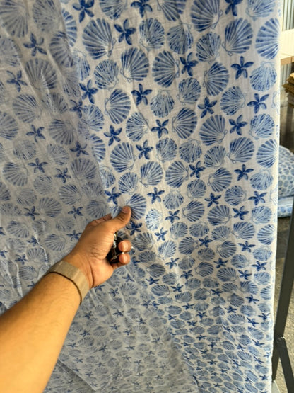Buy Premium Cotton Double Cloth Blue Shells Print