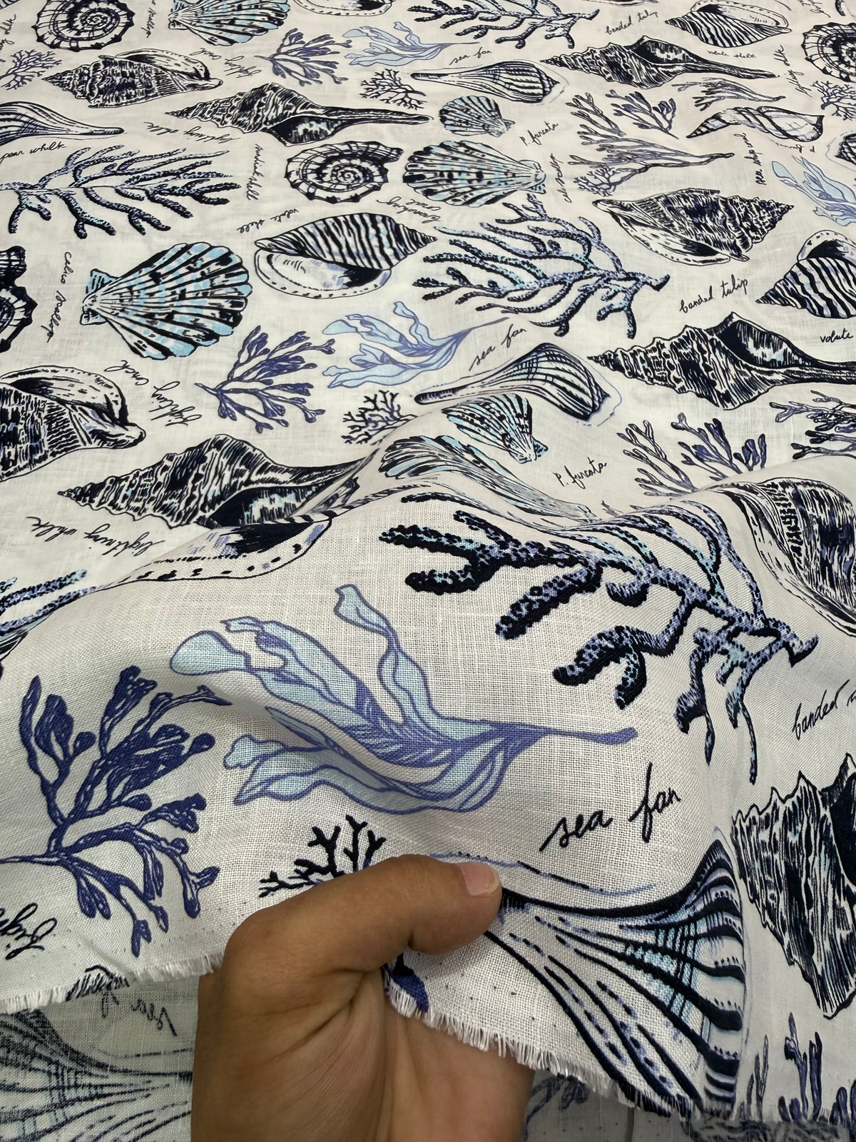 Buy Pure Linen Blue Nautical Seashell Coral Print Fabric