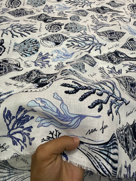 Buy Pure Linen Blue Nautical Seashell Coral Print Fabric