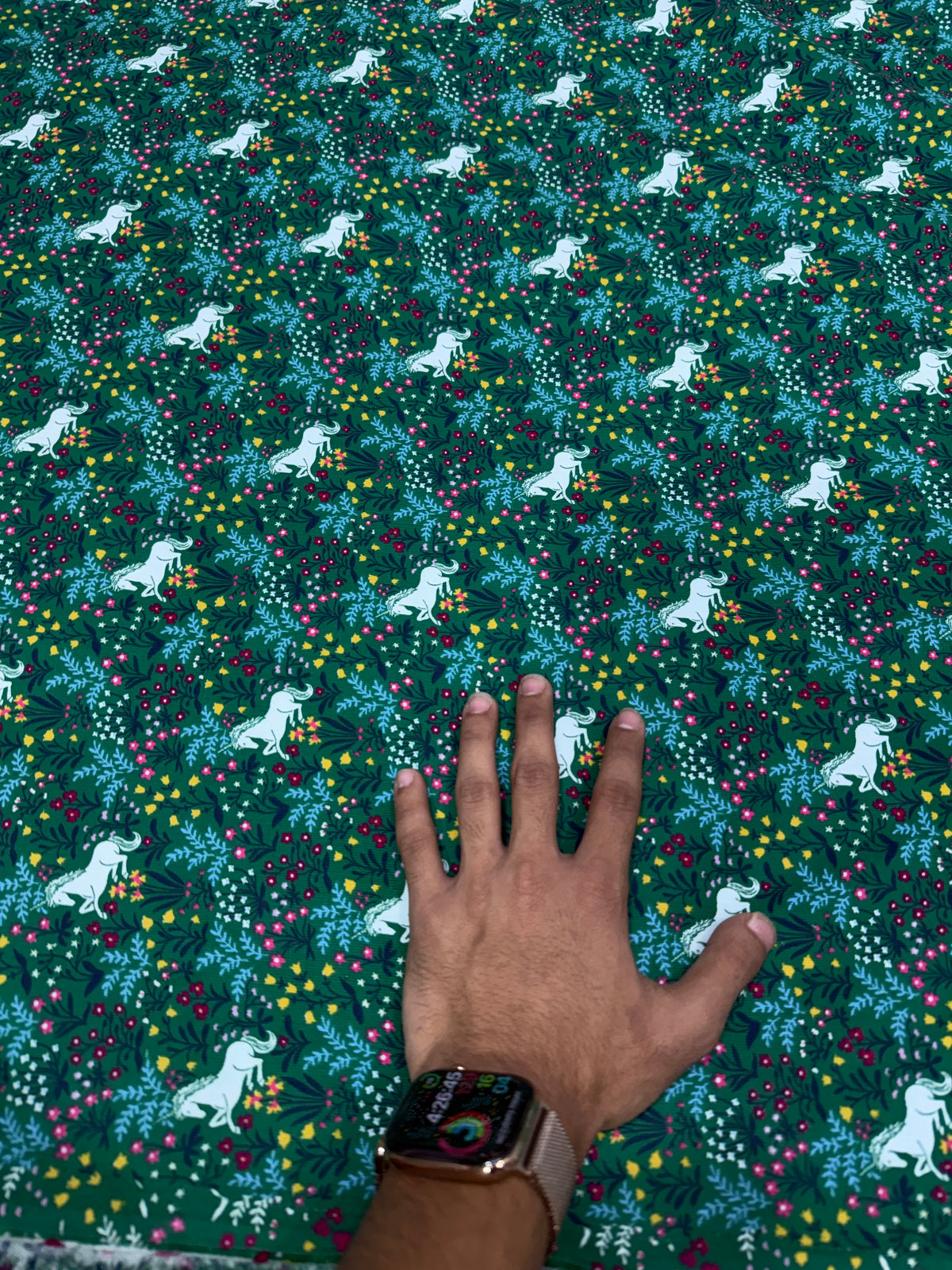 Buy Premium Corduroy Dark Green White Horse Floral Print Fabric