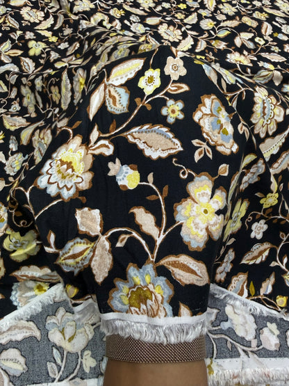 Buy Premium Rayon Black Base Dusty Blue Jacobean Printed Fabric
