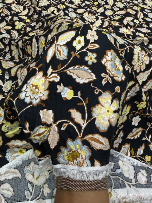 Buy Premium Rayon Black Base Dusty Blue Jacobean Printed Fabric