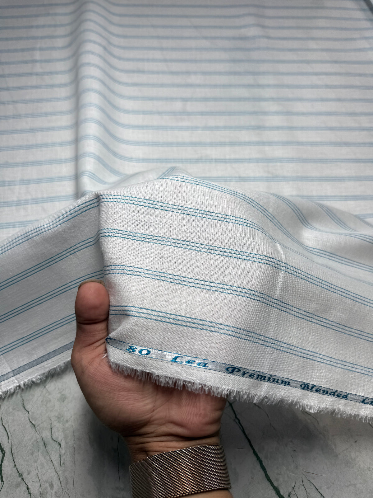Buy 80 Lea Pure Linen Blue Stripe Shirting Fabric