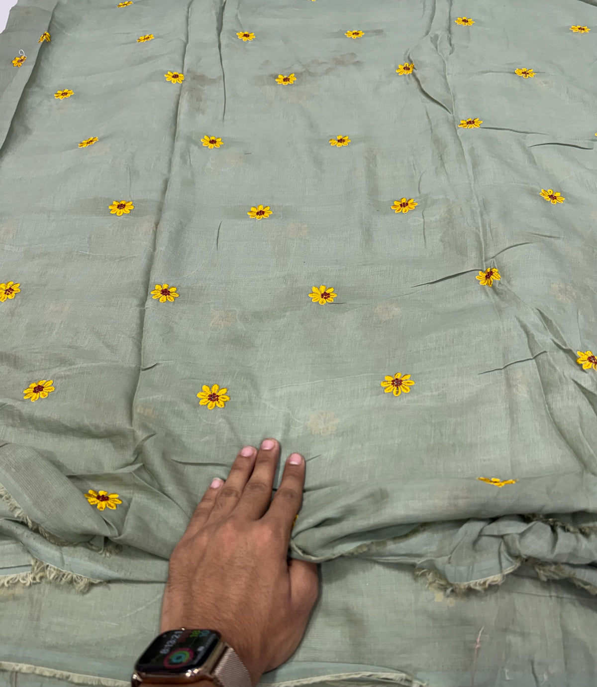 Buy Mul Cotton Viscose Sage Green Mustard Daisy Embroidery Fabric