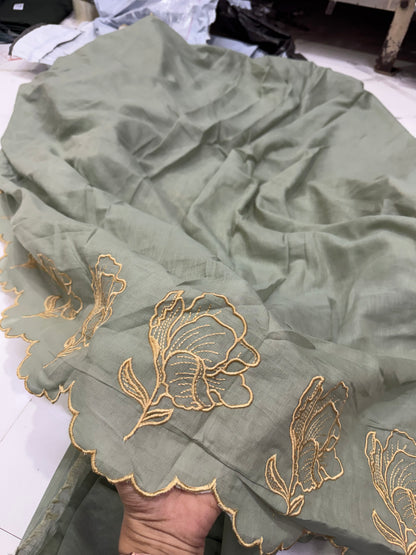 Buy Mul Cotton Viscose Sage Green Beige Abstract Flower Embroidery Fabric