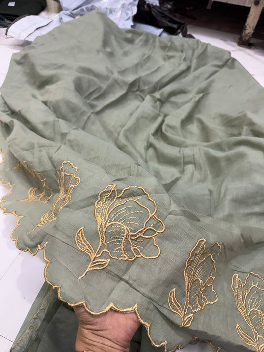 Buy Mul Cotton Viscose Sage Green Beige Abstract Flower Embroidery Fabric