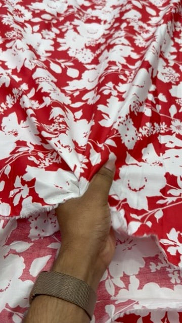 Buy Cotton Poplin Pinkish Red Base White Floral Printed FABRIC