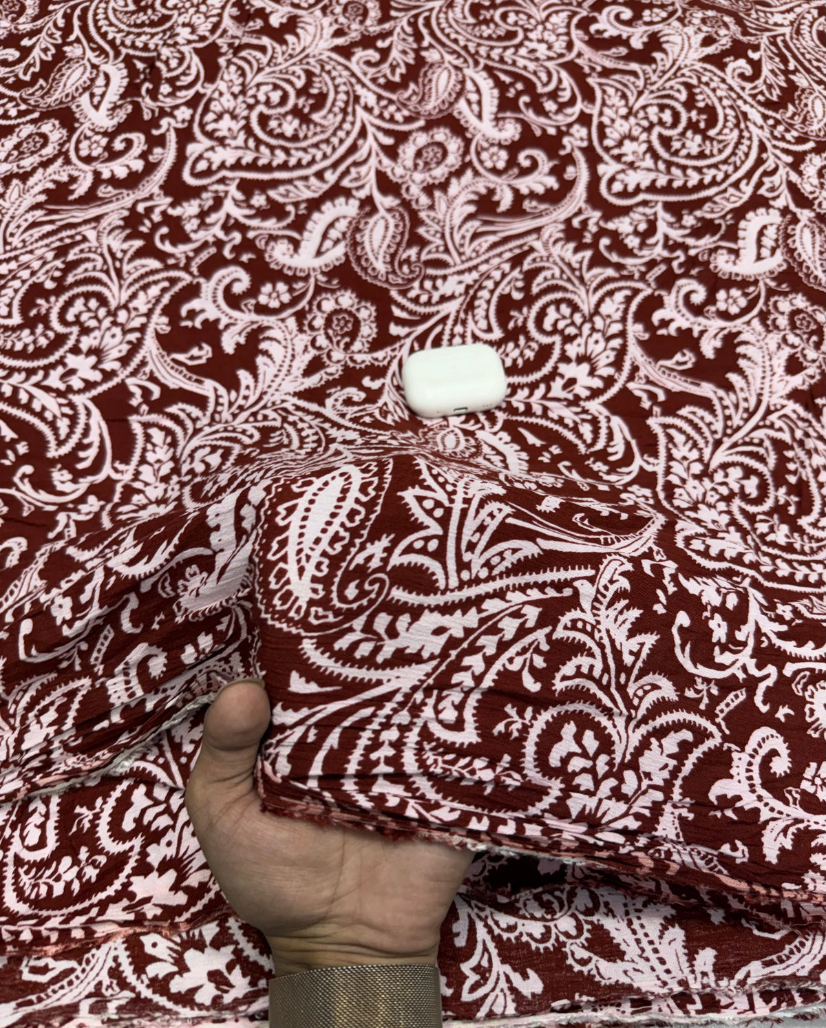 Buy Premium Viscose Rayon Crepe Crinkle Maroon Paisley Print Fabric