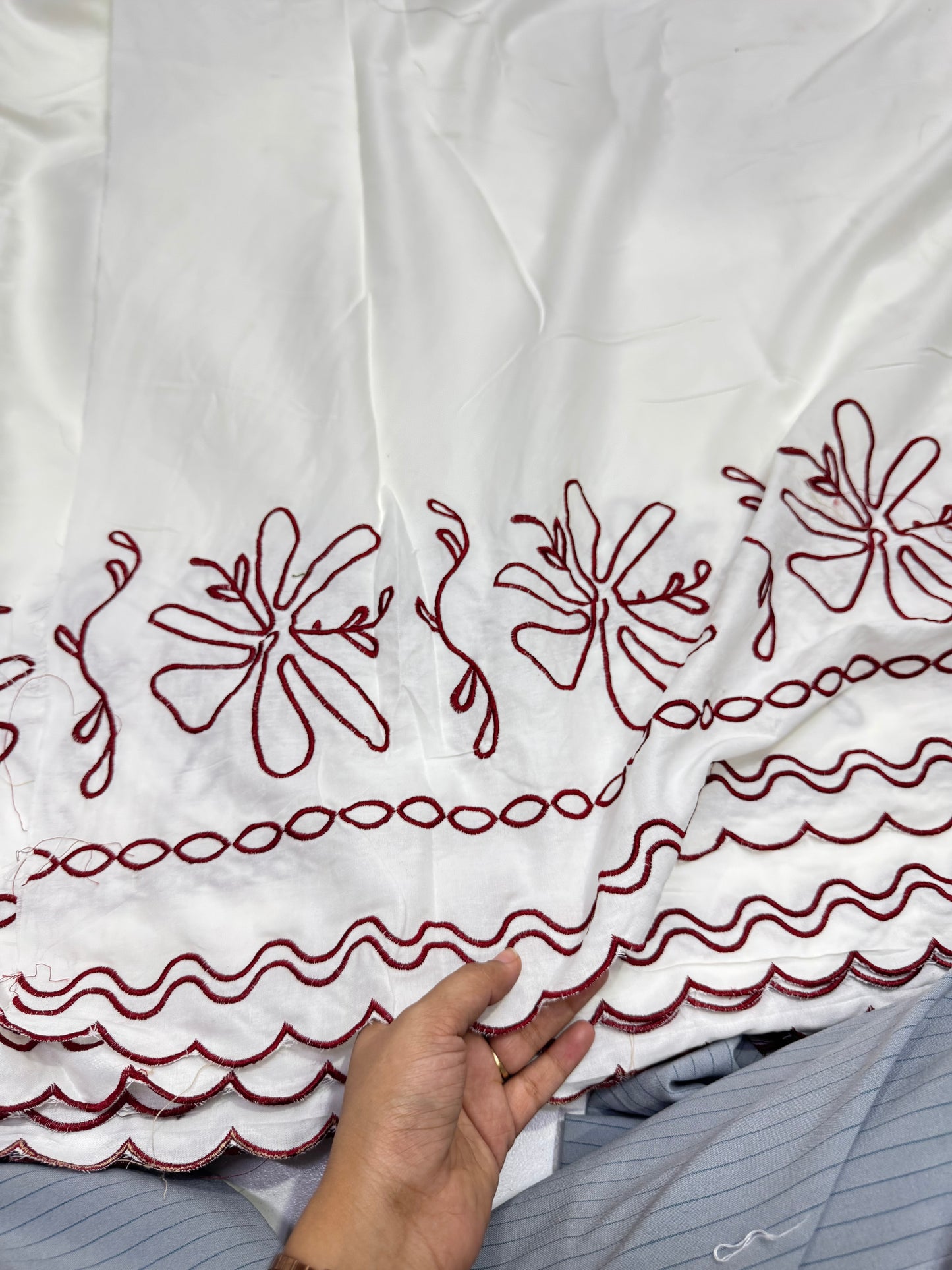 Buy Viscose Modal White Red French Border Embroidery Fabric