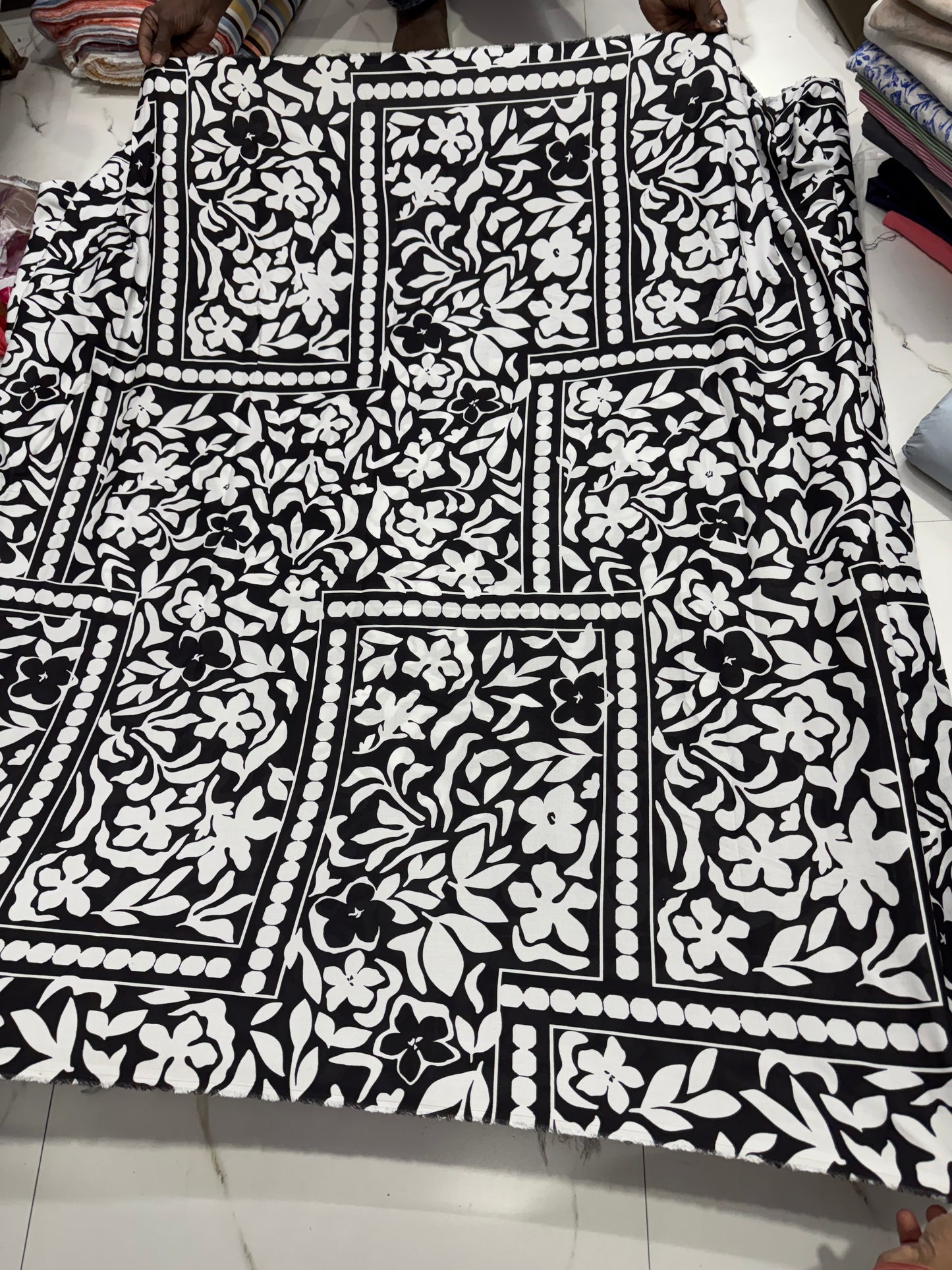 Buy Mul Cotton Black Base White Panel Printed Fabric