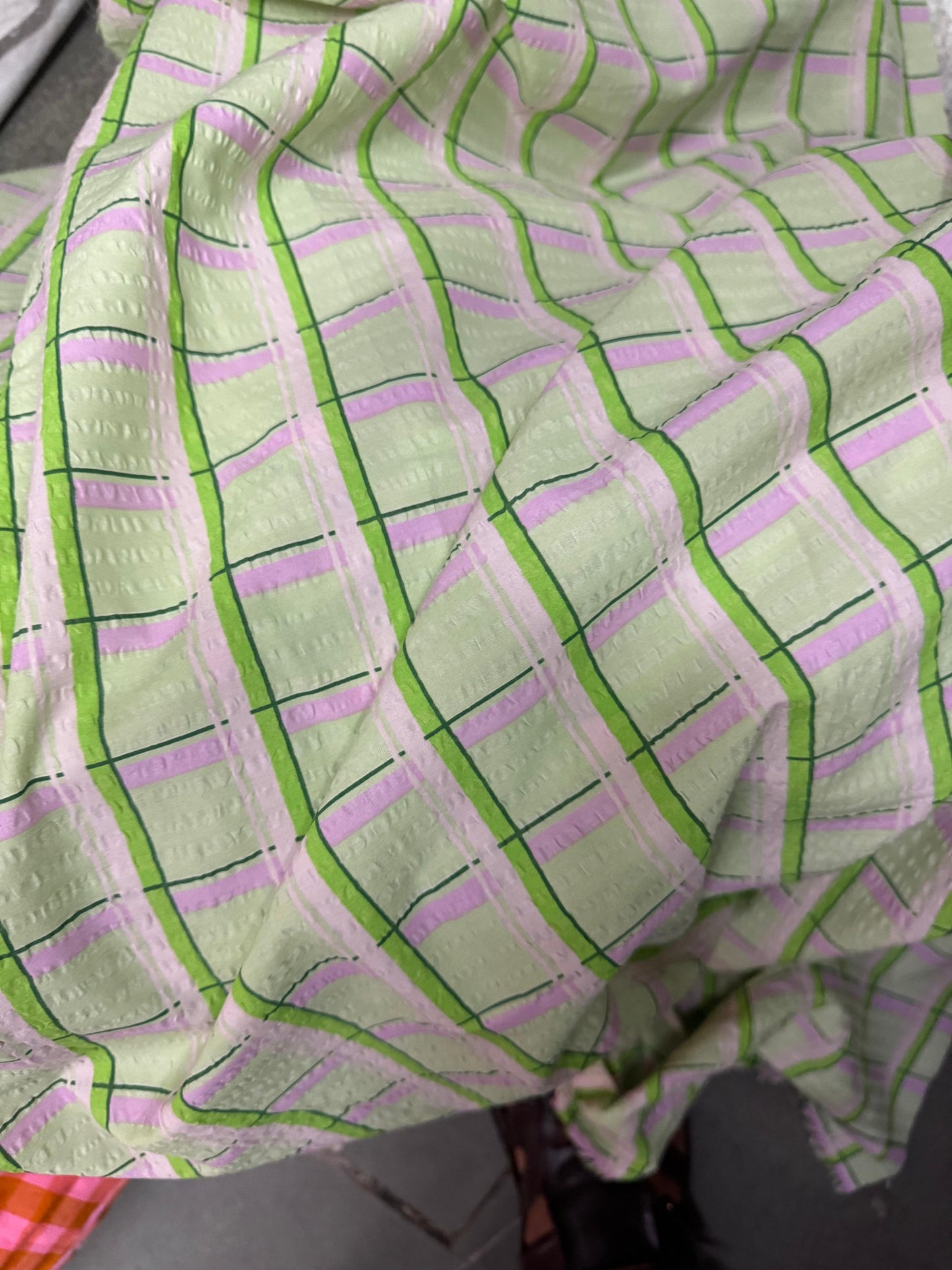 Premium Seersucker Neon & Lilac Check Fabric - MAF 