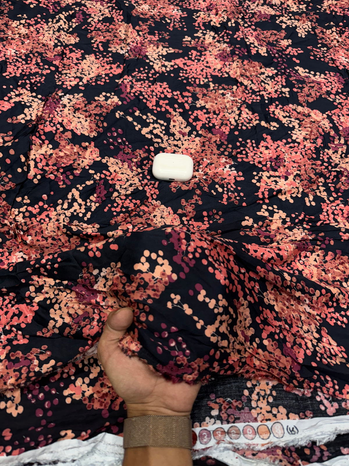 Buy Rayon Satin Black Peach Maroon Scattered Petal Print Fabric