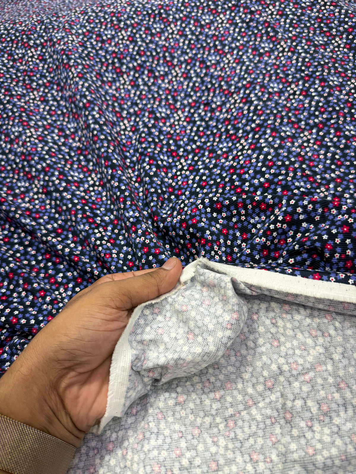 Buy Printed Corduroy Blue Base Tini Tiny Printed Fabric