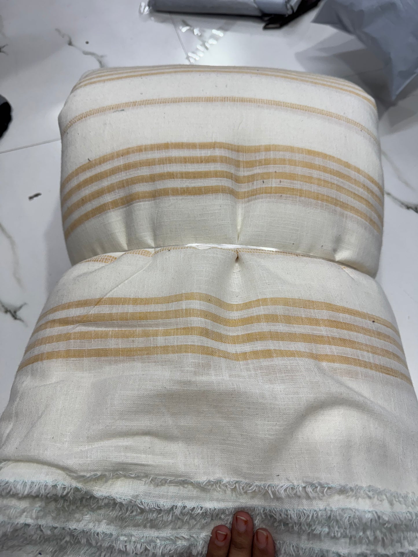 Buy Mul Cotton White Base Beige Stripe Yellow Yarn Dyed Fabric