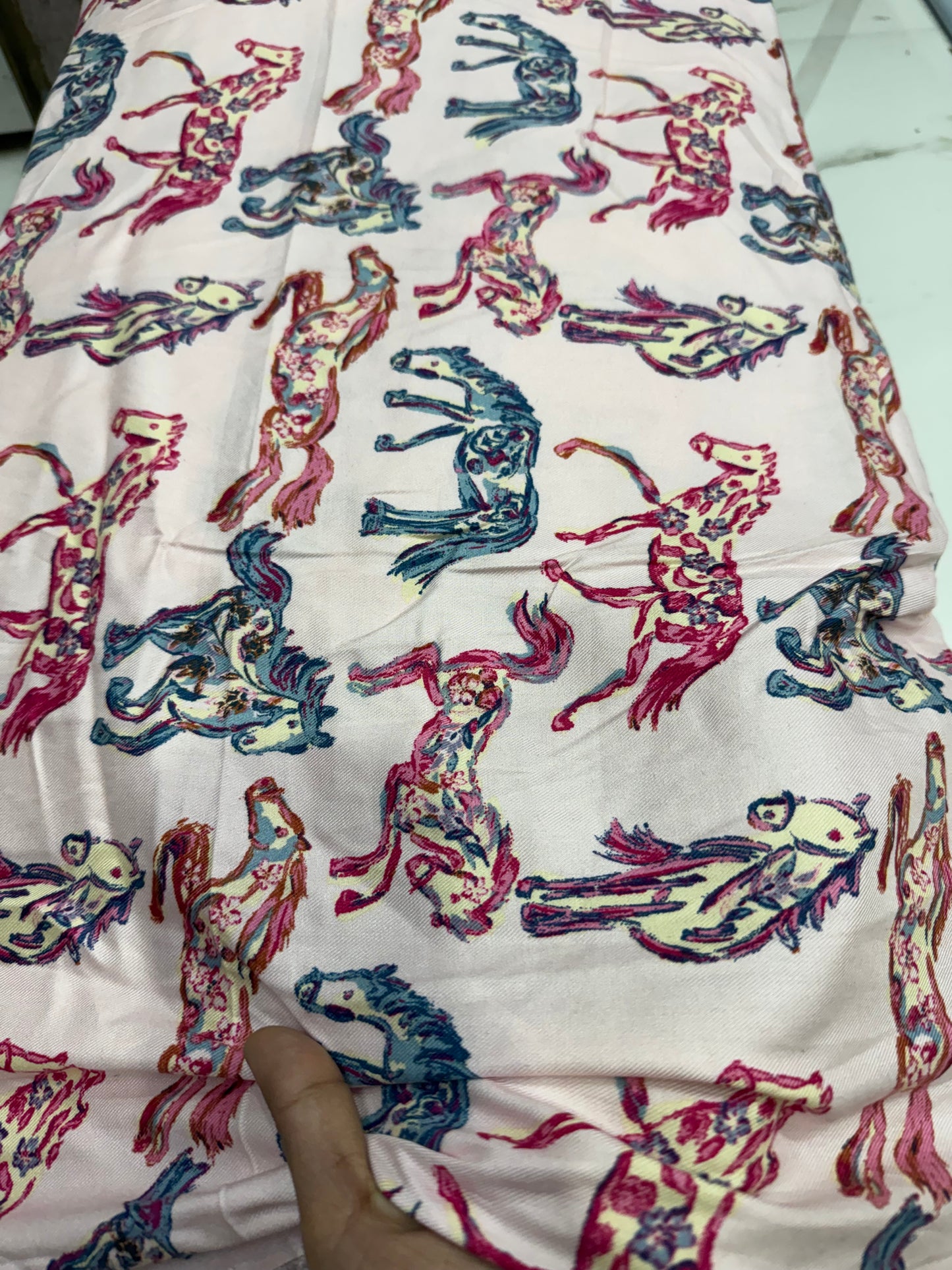 Buy Cotton Viscose Twill Horse Printed On Pink Base Fabric