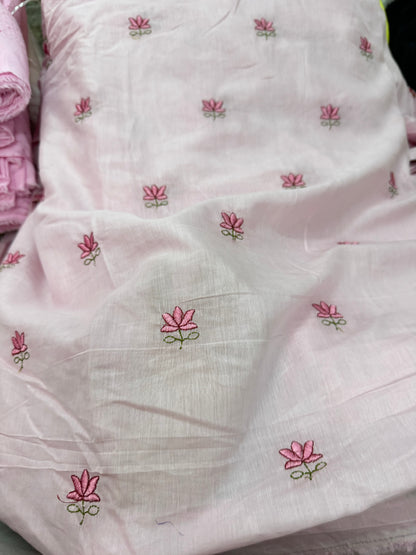 Buy Mul Cotton Baby Pink Lotus Embroidery Fabric