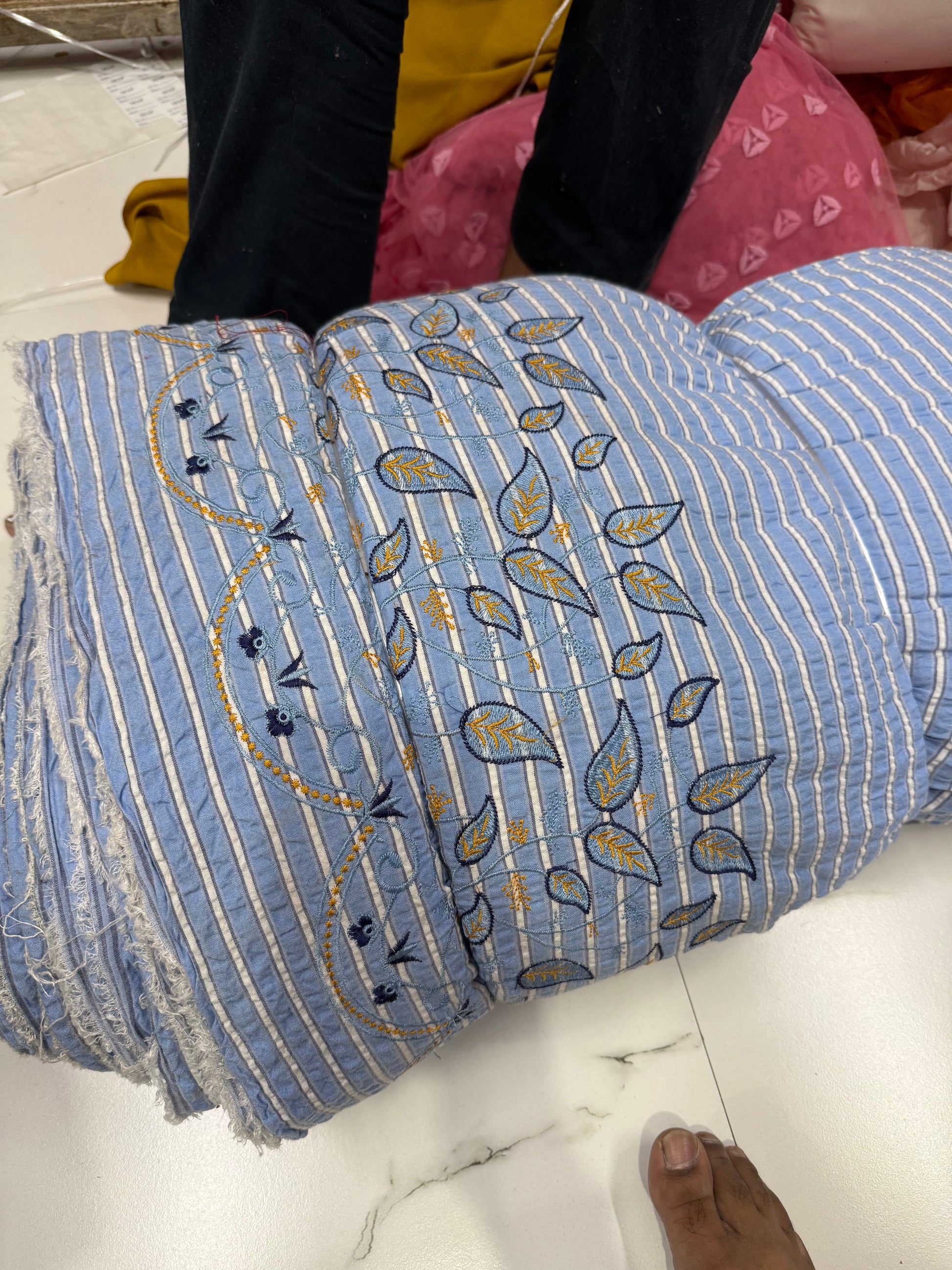 Premium Seersucker Formal Blue Stripe Paisley Border Embroidery Fabric - MAF 