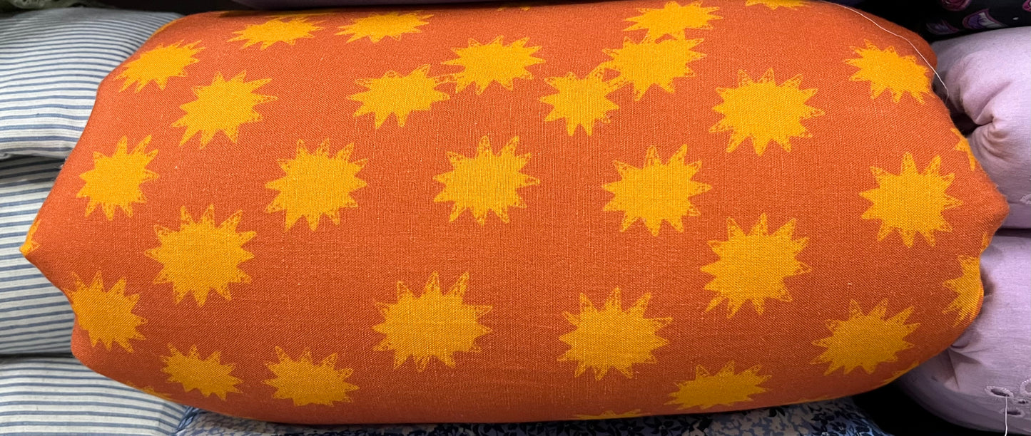 Buy Pure Linen Orange Base Yellow Star Fabric - MAF 