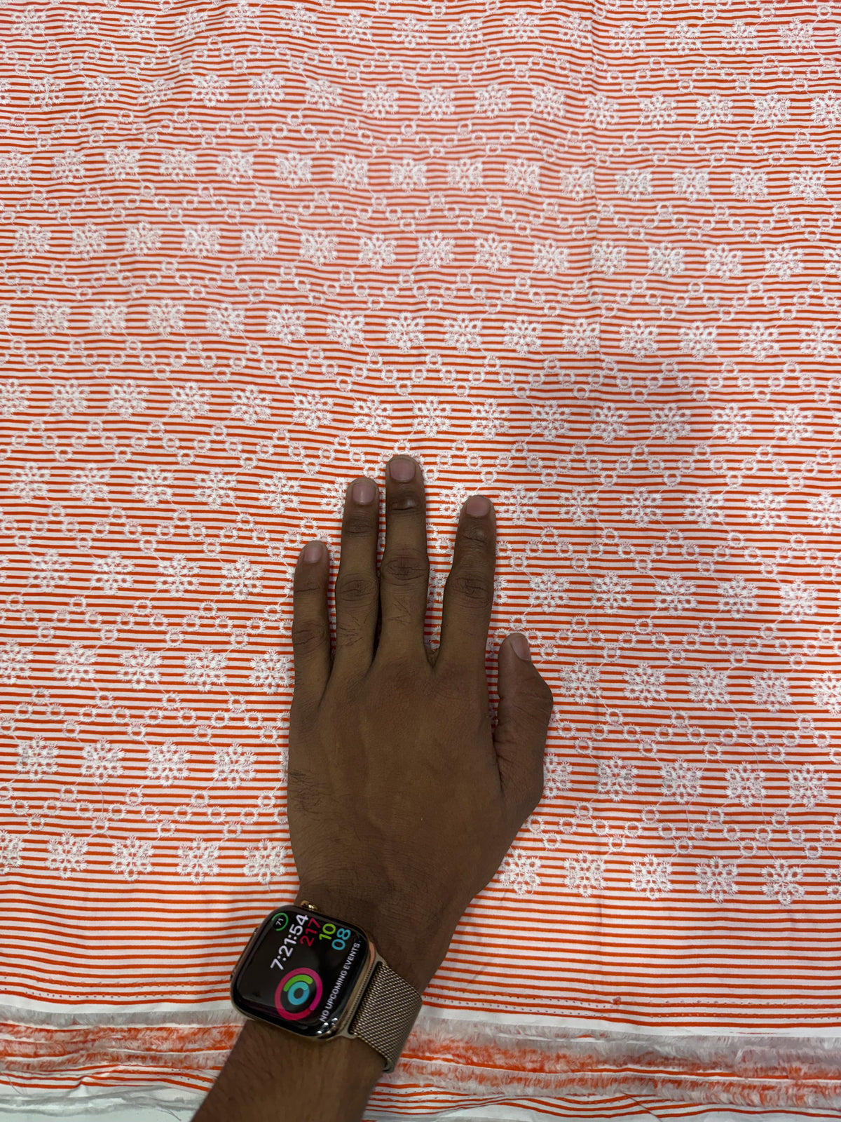 Buy Cotton Schiffli Rust Orange Stripe Embroidered Fabric