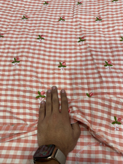 Buy Premium Seersucker Rust Pink Gingham Floral Embroidery Fabric