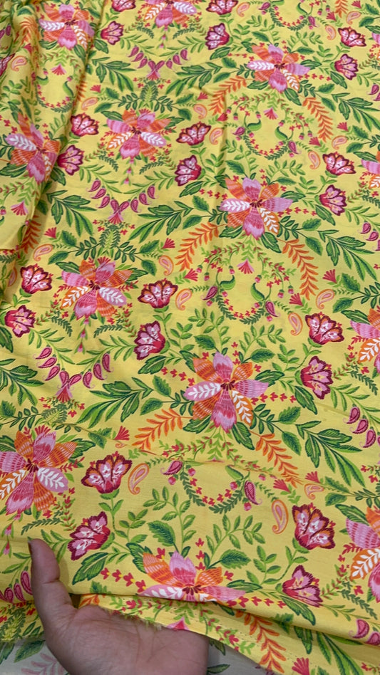 Buy Mul Cotton Yellow Base Floral Printed Fabric