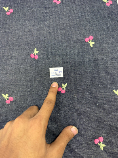 Buy Cutpiece Washed Grey Denim Cherry Embroidery 70 Centimeter
