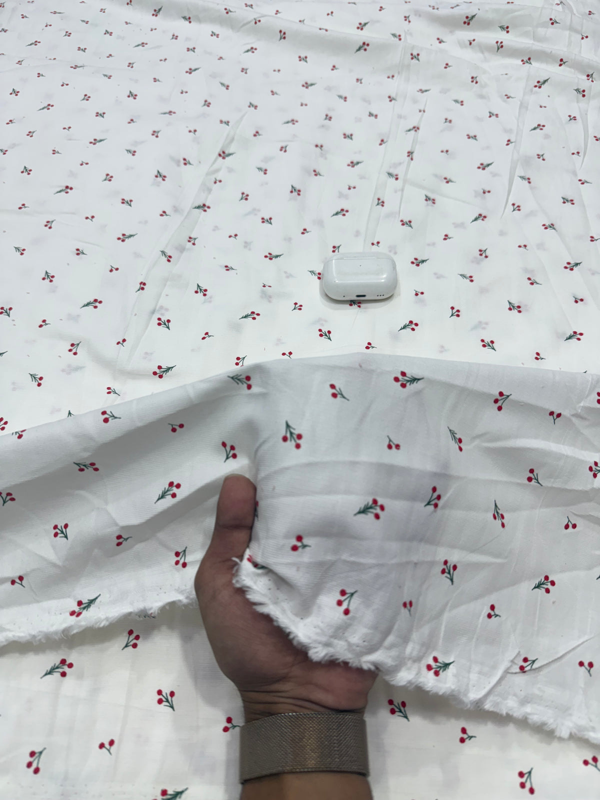 Buy Printed Corduroy White Red Cherry Print Fabric