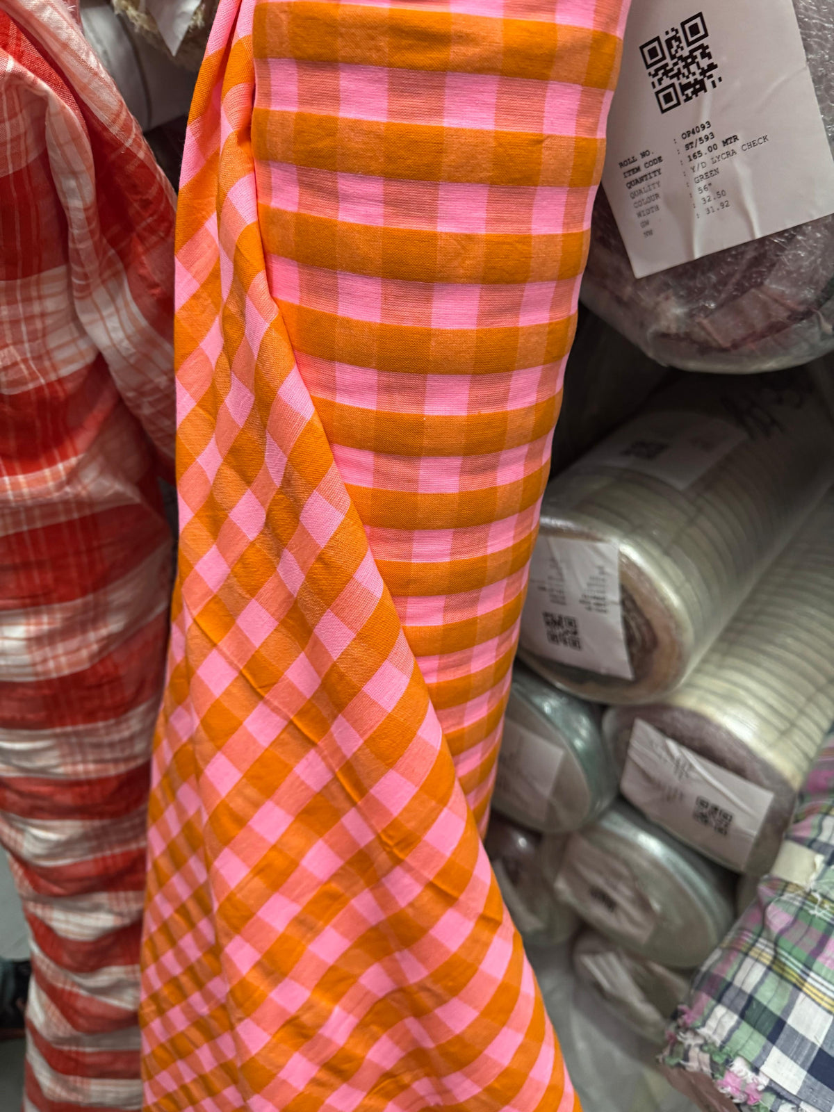 Premium Seersucker Spanish Orange Check Fabric - MAF 
