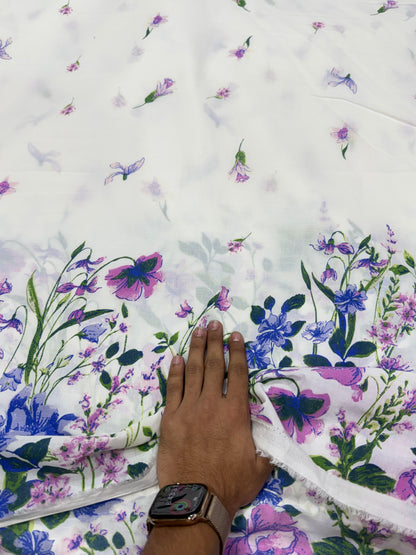 Buy Cotton Poplin White Purple Wildflower Border Print Fabric