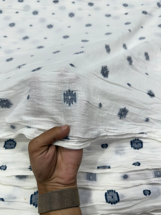 Buy Premium Cotton White Navy Dobby Buta Fabric