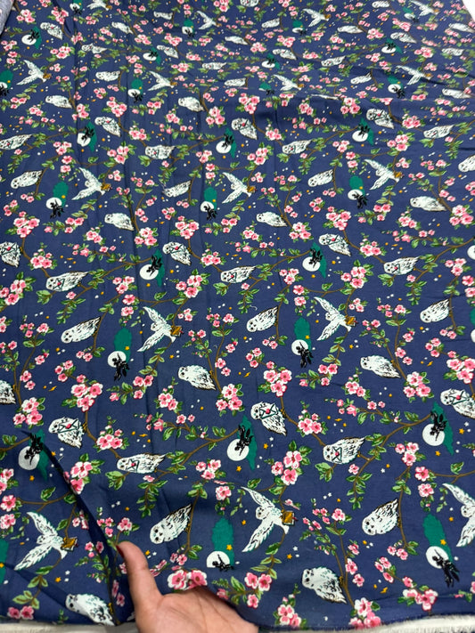 Buy Cotton Twill Blue Base Owl & Floral Printed Fabric