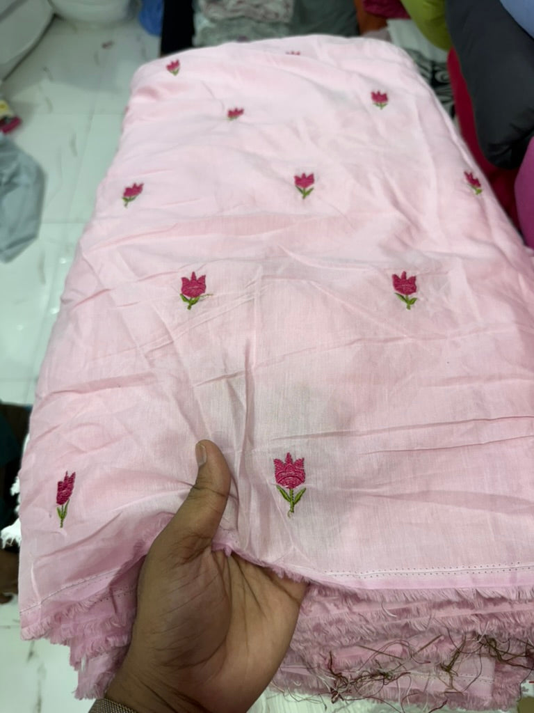 Buy Mul Cotton Baby Pink Tulip Embroidery Fabric