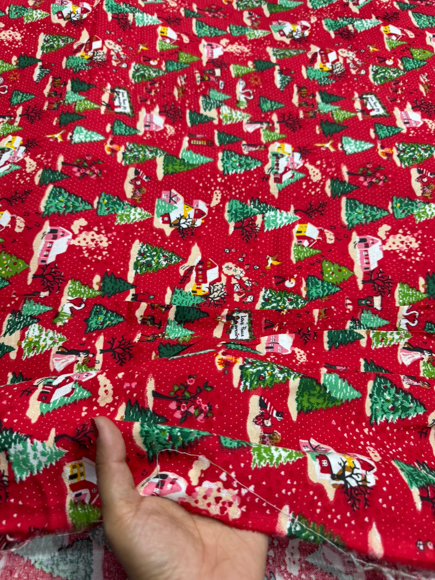 Buy Cotton Twill Red Base Christmas Tree House Printed Fabric