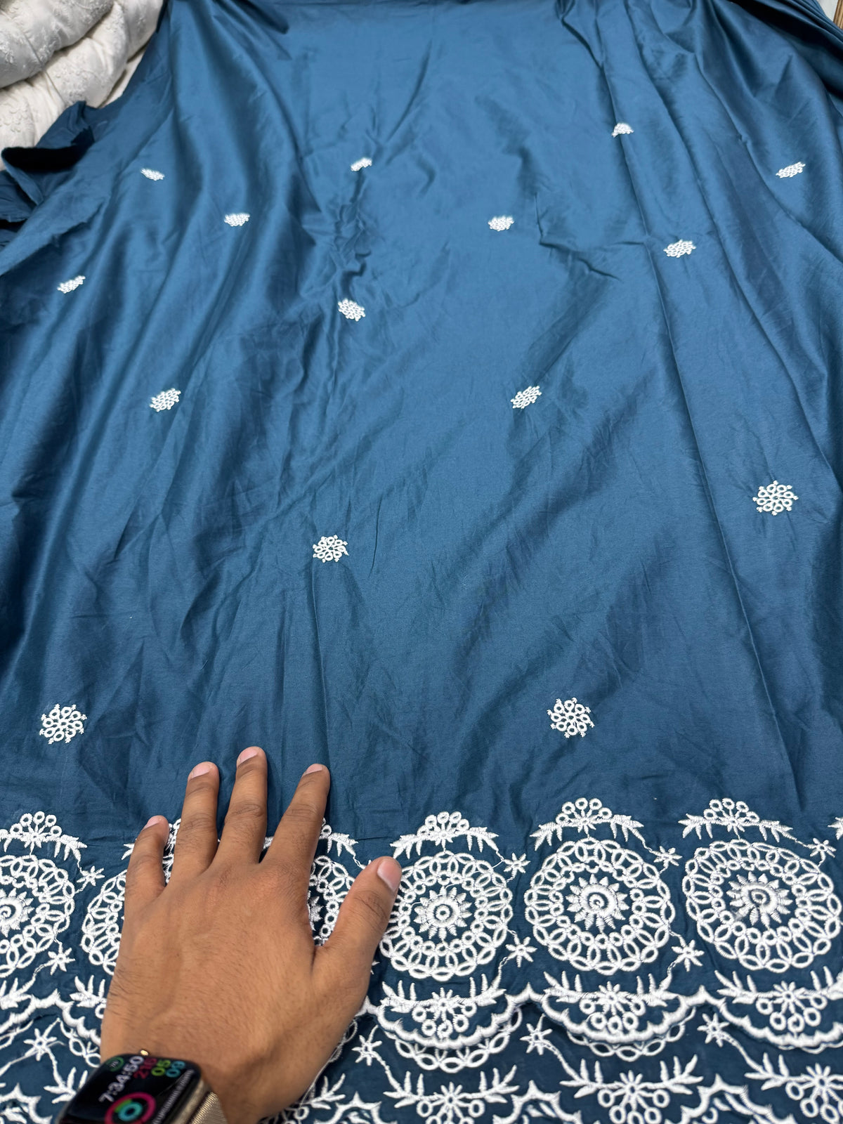 Buy Cotton Poplin Blue Base White Border Embroidery With Flower Work