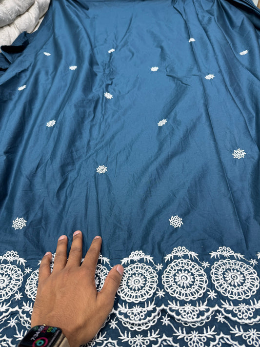 Buy Cotton Poplin Blue Base White Border Embroidery With Flower Work