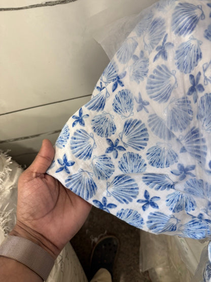 Buy Premium Cotton Double Cloth Blue Shells Print
